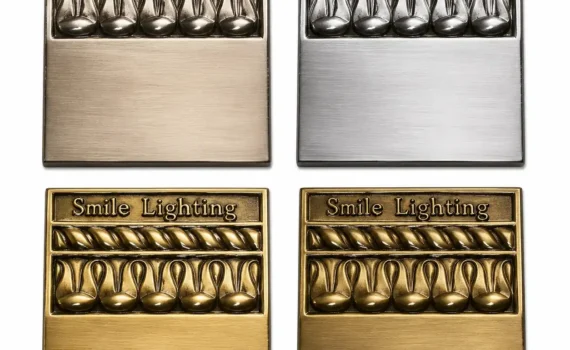 Metal Finish Samples with Smile Lighting Logo 3